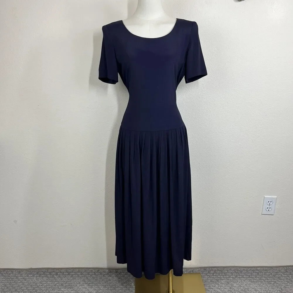 Vintage Donna Ricco Dress Womens 4 Blue Fit Flare Midi Bow 90s Party Wedding - Picture 1 of 9